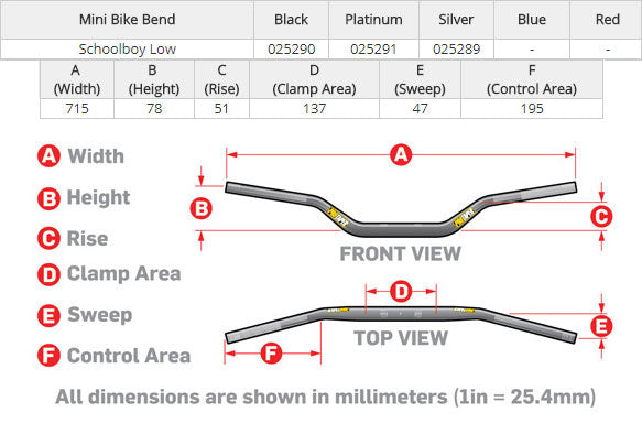 Pro Taper SE Schoolboy Low Sizing Chart